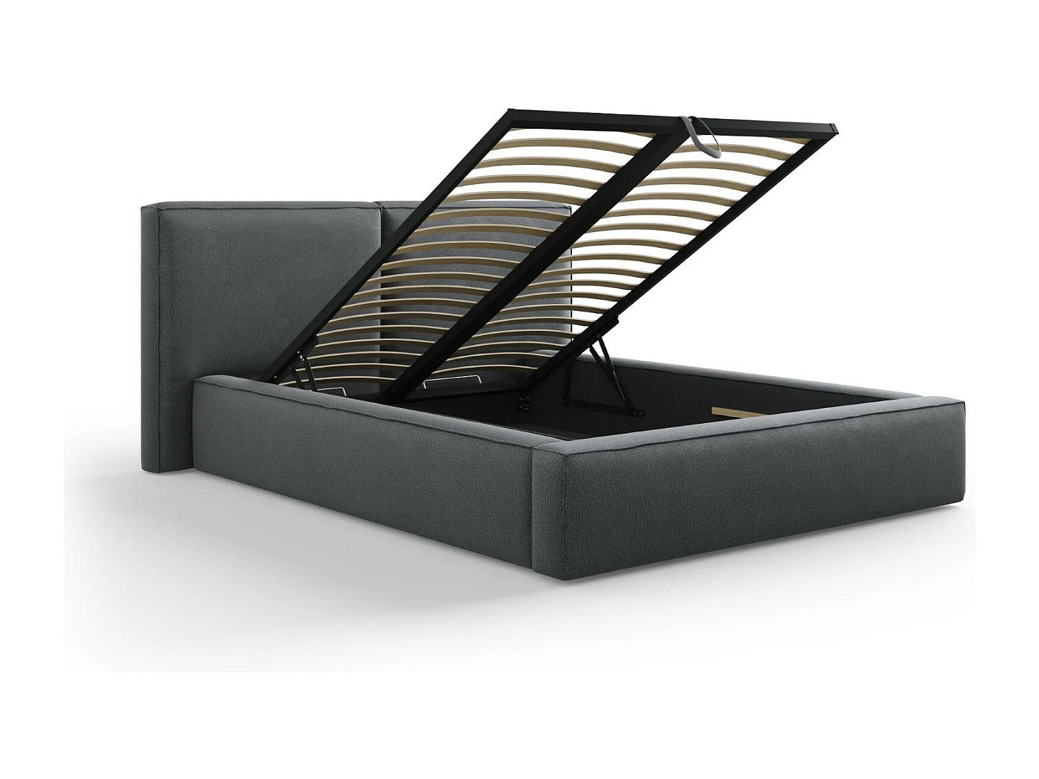 Cosmopolitan Design - Cama con cabecero doble y baúl "Arendal" 140x200cm de tejido estructural gris oscuro - 228x194x97.5cm