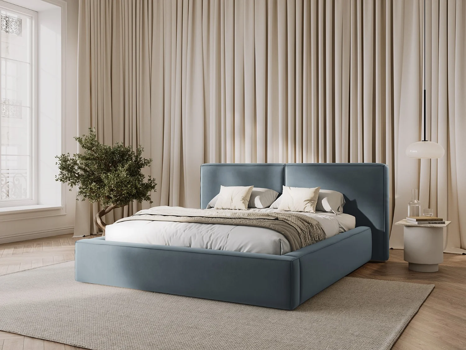 Cosmopolitan Design - Bett mit Bettkasten und Doppelkopfteil "Arendal" 200x200cm aus Samt hellblau - 228x251x97.5cm