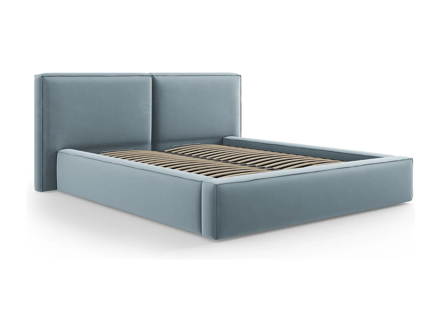 Cosmopolitan Design - Opbergbed met dubbel hoofdbord "Arendal" 200x200cm, Flueel, Lichtblauw - 228x251x97.5cm