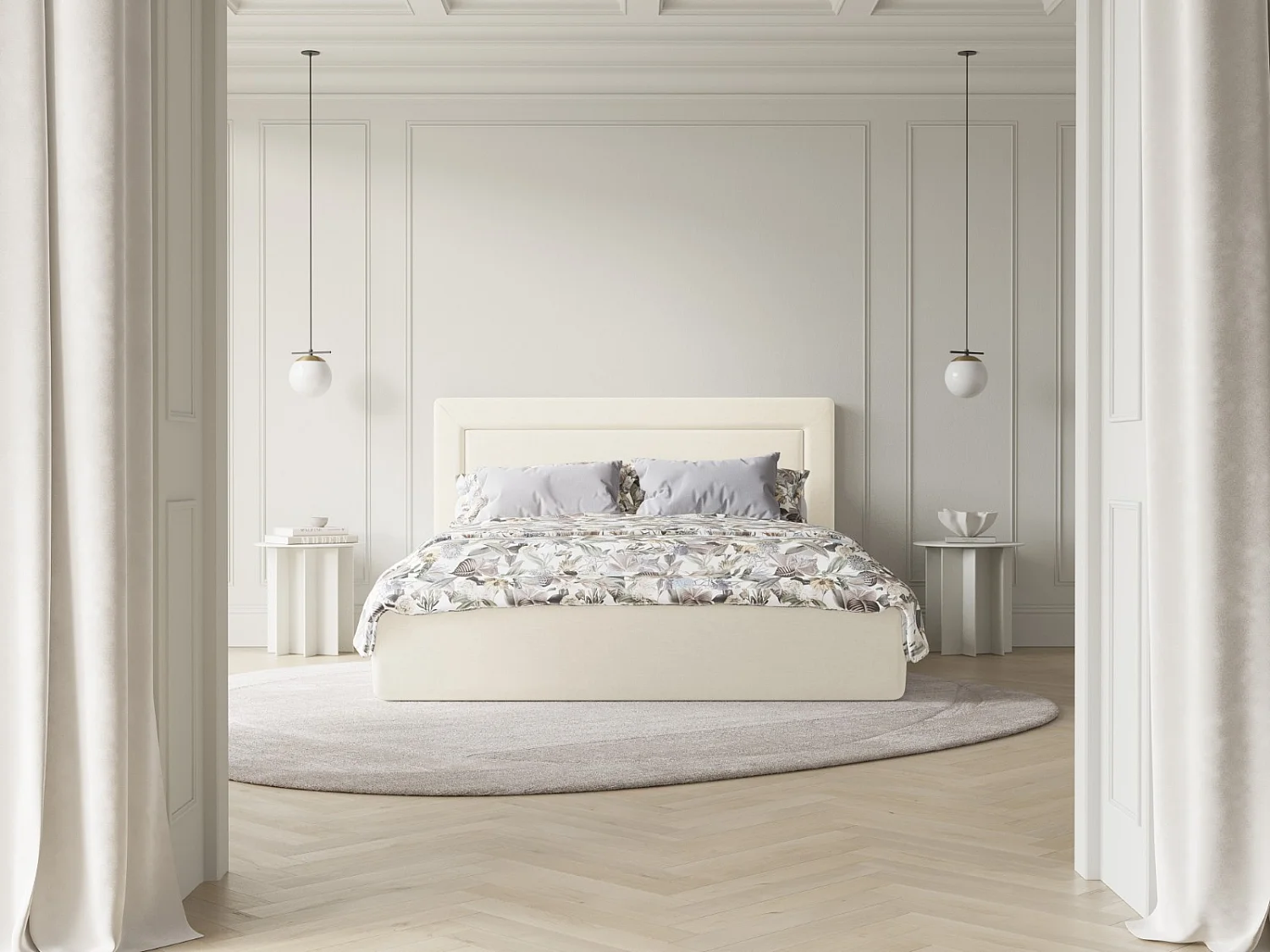 CXL by Christian Lacroix - Cama con cabecero y baúl "Valerie" 160x200cm de tejido chenilla marfil - 230x185x120cm