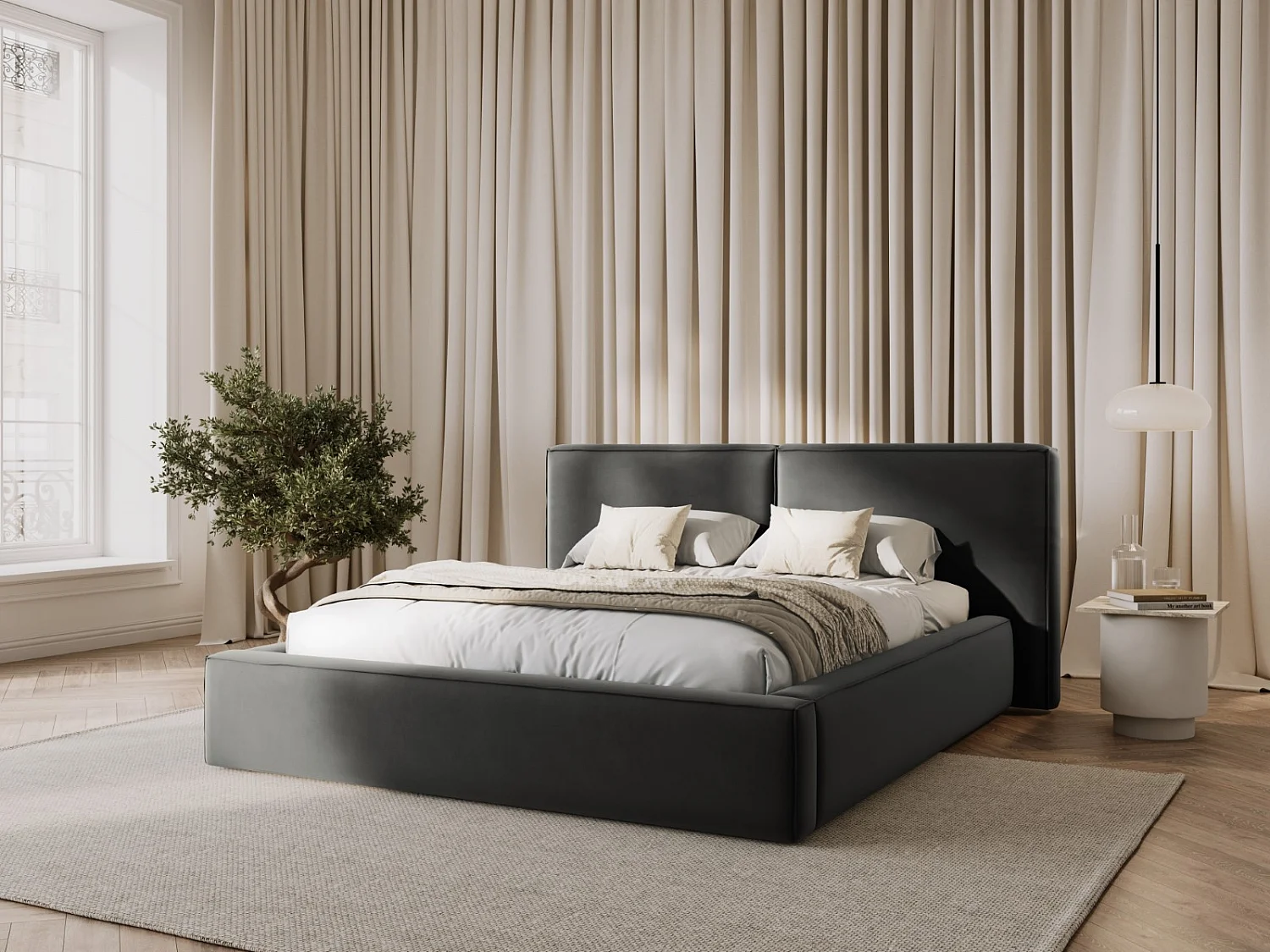 Cosmopolitan Design - Opbergbed met dubbel hoofdbord "Arendal" 140x200cm, Flueel, Lichtgrijs - 228x194x97.5cm