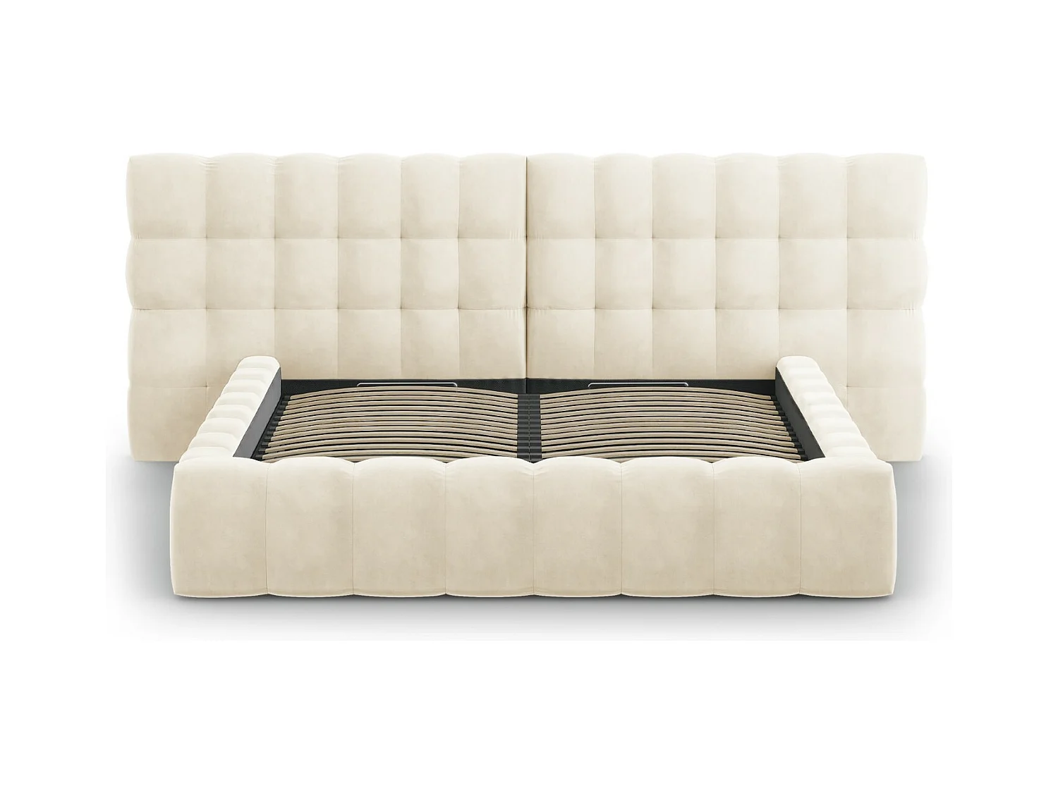 Cosmopolitan Design - Łóżko ze schowkiem i podwójnym zagłówkiem, "Bali" 140x200cm welur, beż jasny - 230x200x100cm