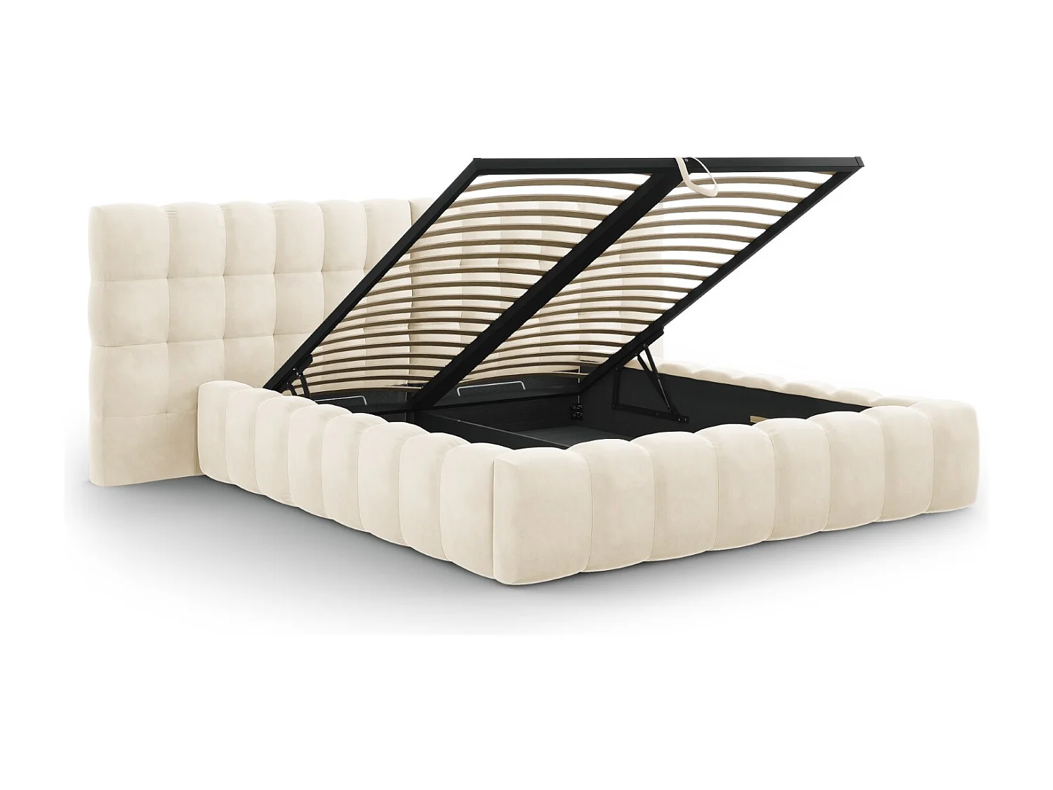Cosmopolitan Design - Łóżko ze schowkiem i podwójnym zagłówkiem, "Bali" 140x200cm welur, beż jasny - 230x200x100cm