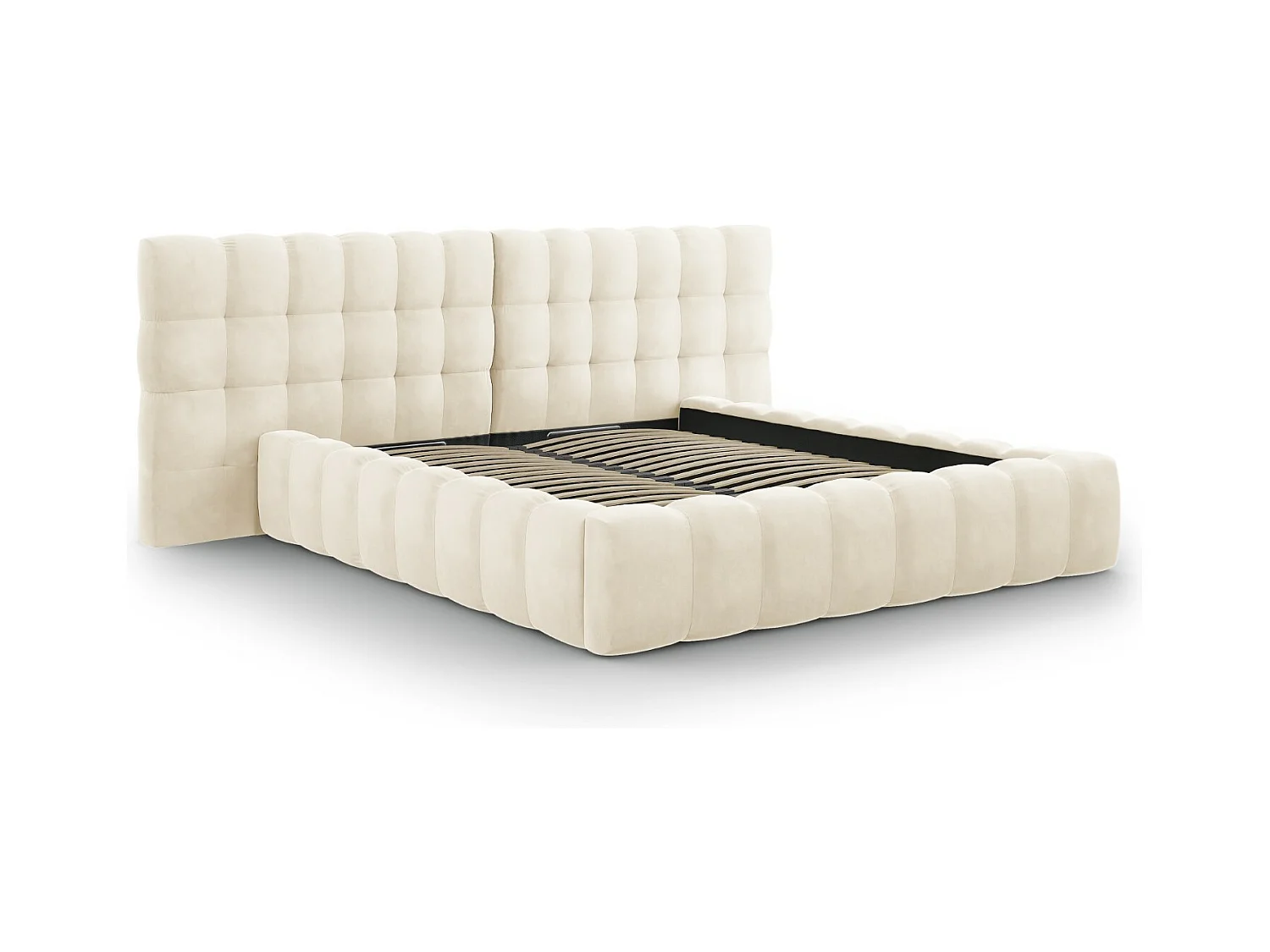Cosmopolitan Design - Lit coffre avec tête de lit double "Bali" 140x200cm en velours beige clair - 230x200x100cm