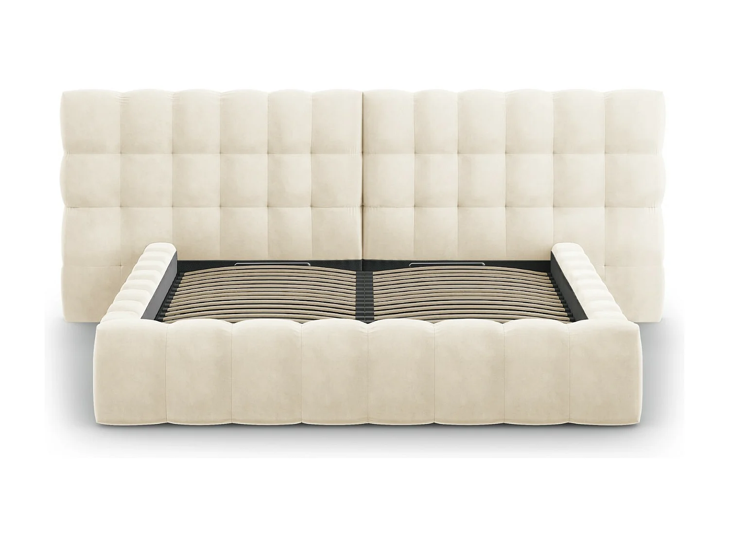 Cosmopolitan Design - Opbergbed met dubbel hoofdbord "Bali" 140x200cm, Flueel, Lichtbeige - 230x200x100cm