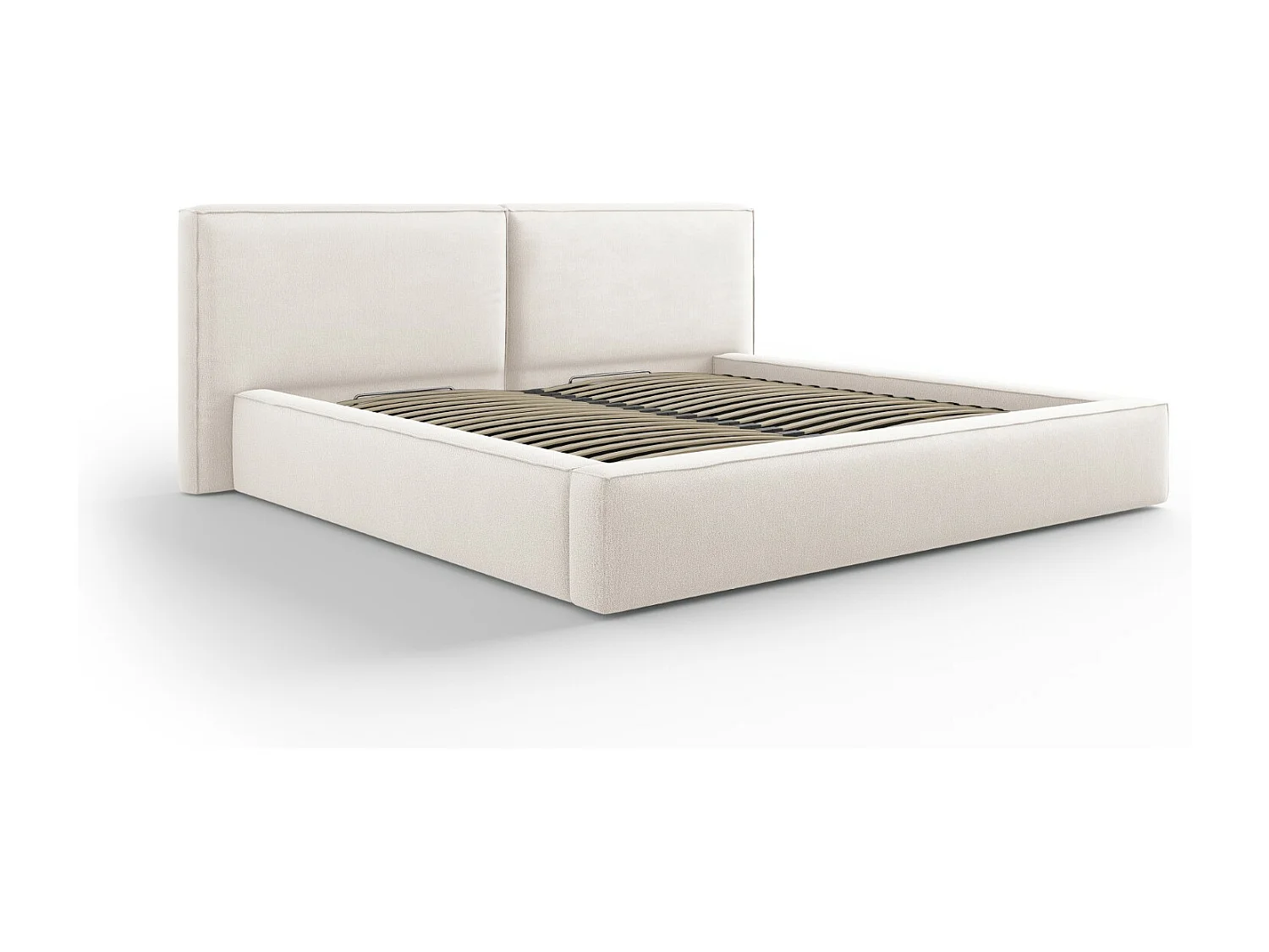 Cosmopolitan Design - Opbergbed met dubbel hoofdbord "Arendal" 200x200cm, Structurele stof, Lichtbeige - 228x254x97.5cm