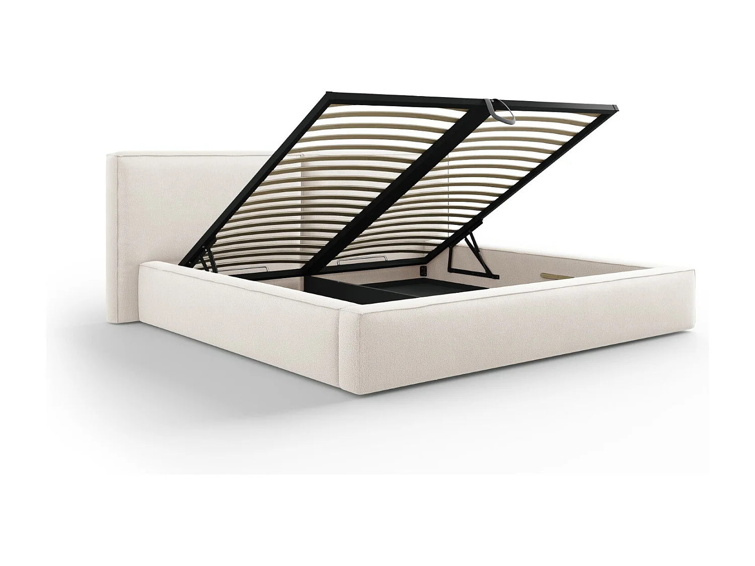 Cosmopolitan Design - Opbergbed met dubbel hoofdbord "Arendal" 200x200cm, Structurele stof, Lichtbeige - 228x254x97.5cm