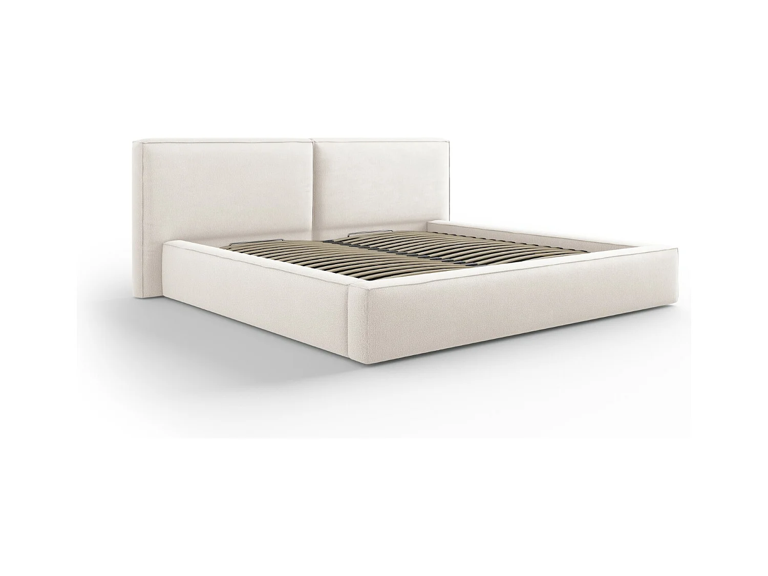 Cosmopolitan Design - Lit coffre avec tête de lit double "Arendal" 200x200cm en tissu structurel beige clair - 228x254x97.5cm