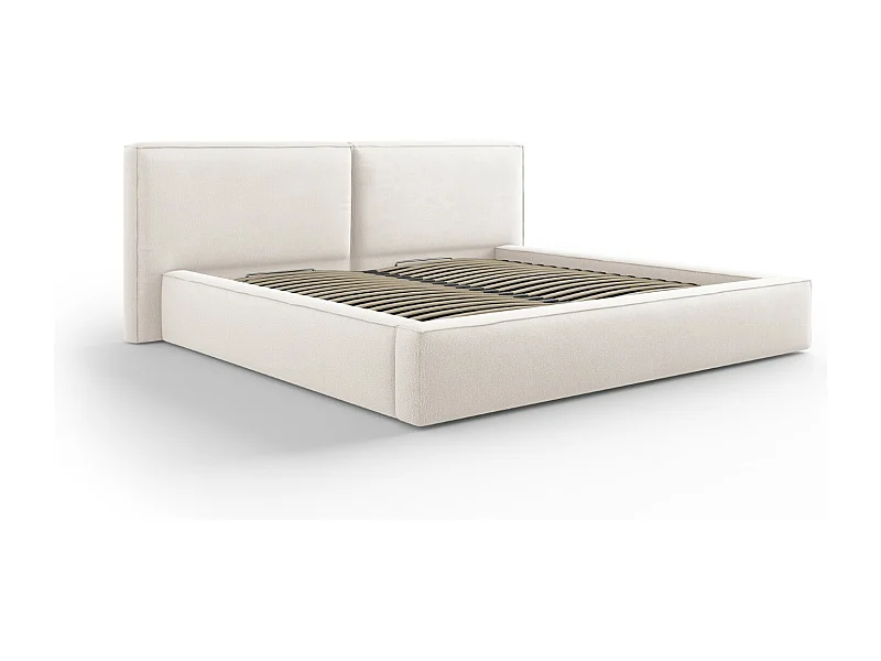 Cosmopolitan Design - Lit coffre avec tête de lit double "Arendal" 200x200cm en tissu structurel beige clair - 228x254x97.5cm