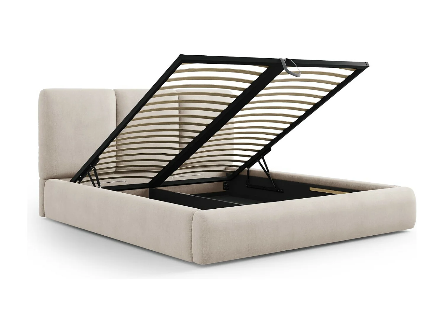 Cosmopolitan Design - Cama con cabecero y baúl "Nicolas" 200x200cm de tejido chenilla beige - 220x220x100cm