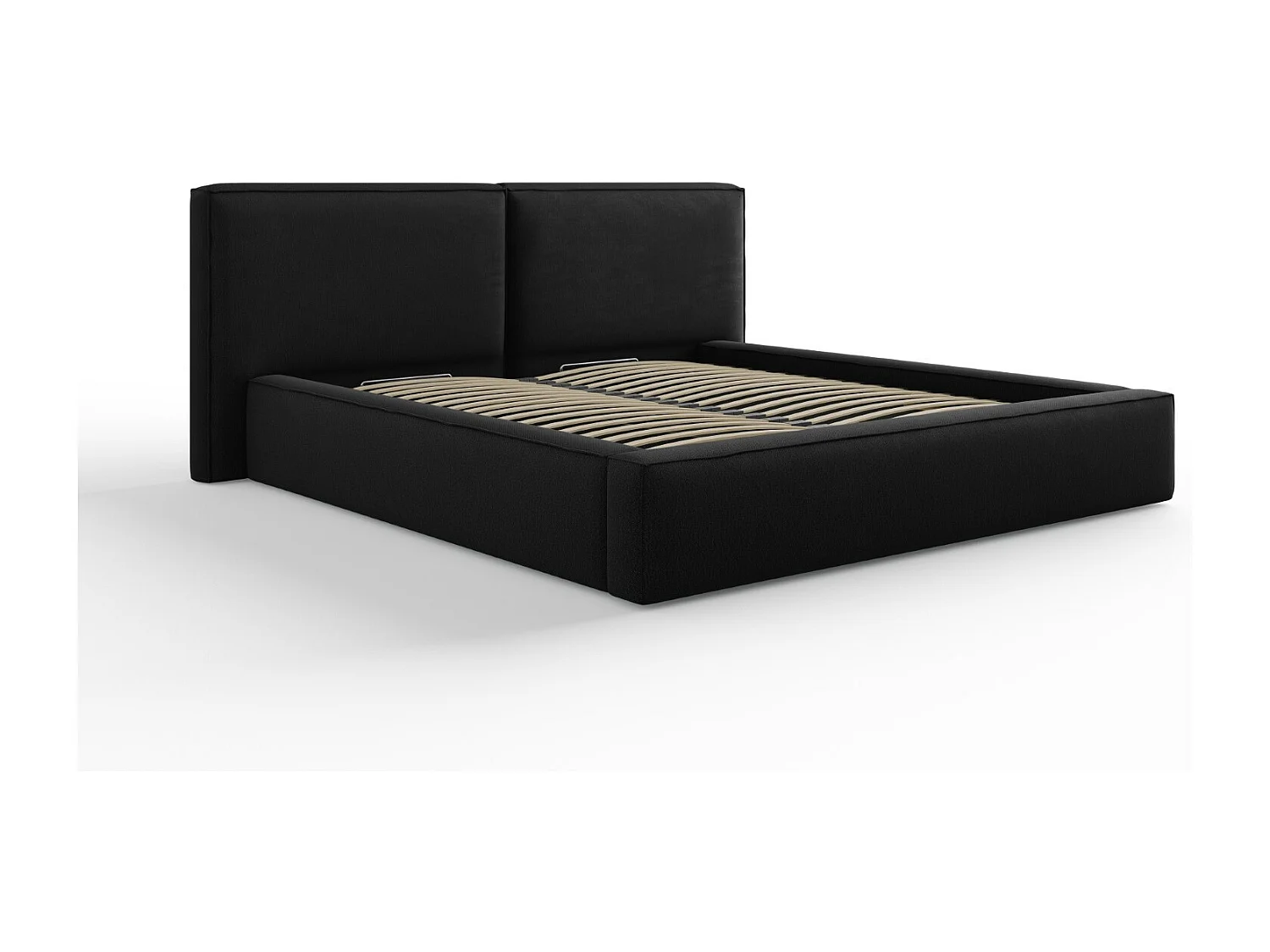 Cosmopolitan Design - Bett mit Bettkasten und Doppelkopfteil "Arendal" 180x200cm aus strukturiertem Stoff schwarz - 228x234x97.5cm