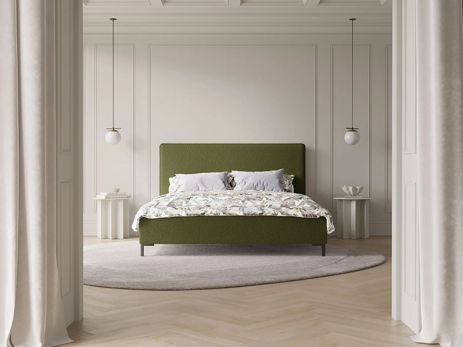 CXL by Christian Lacroix - Bett mit Bettkasten und Kopfteil "Polly" 180x200cm aus Boucle dunkles olivgrün - 220x190x120cm