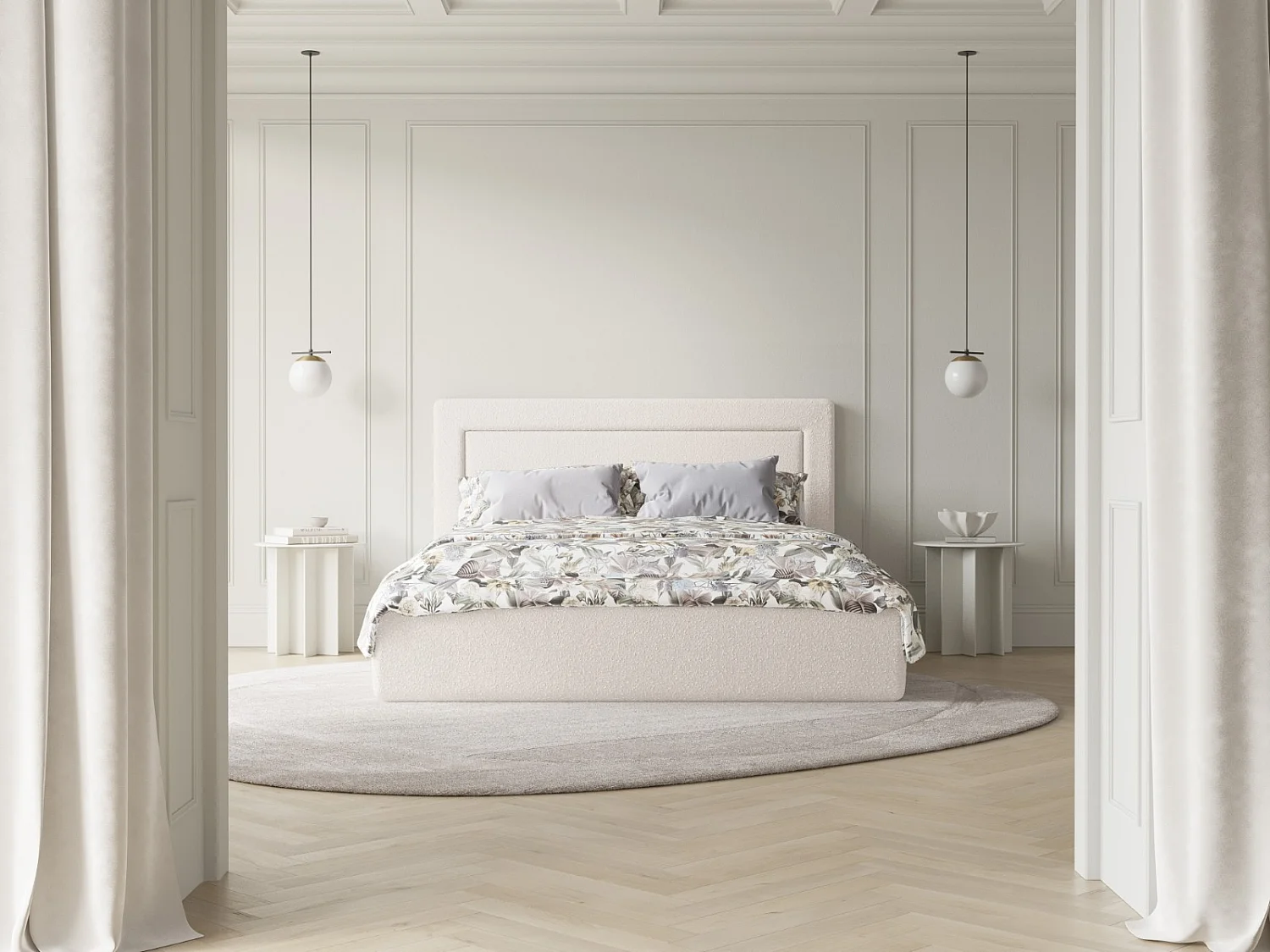 CXL by Christian Lacroix - Lit coffre avec tête de lit "Valerie" 140x200cm en bouclé blanc - 230x165x120cm