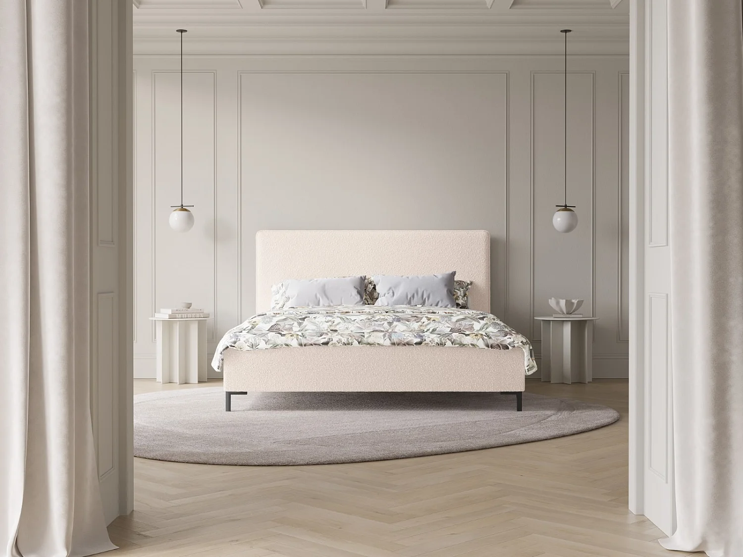 CXL by Christian Lacroix - Cama con cabecero y baúl "Polly" 140x200cm de tejido bouclé beige - 220x150x120cm