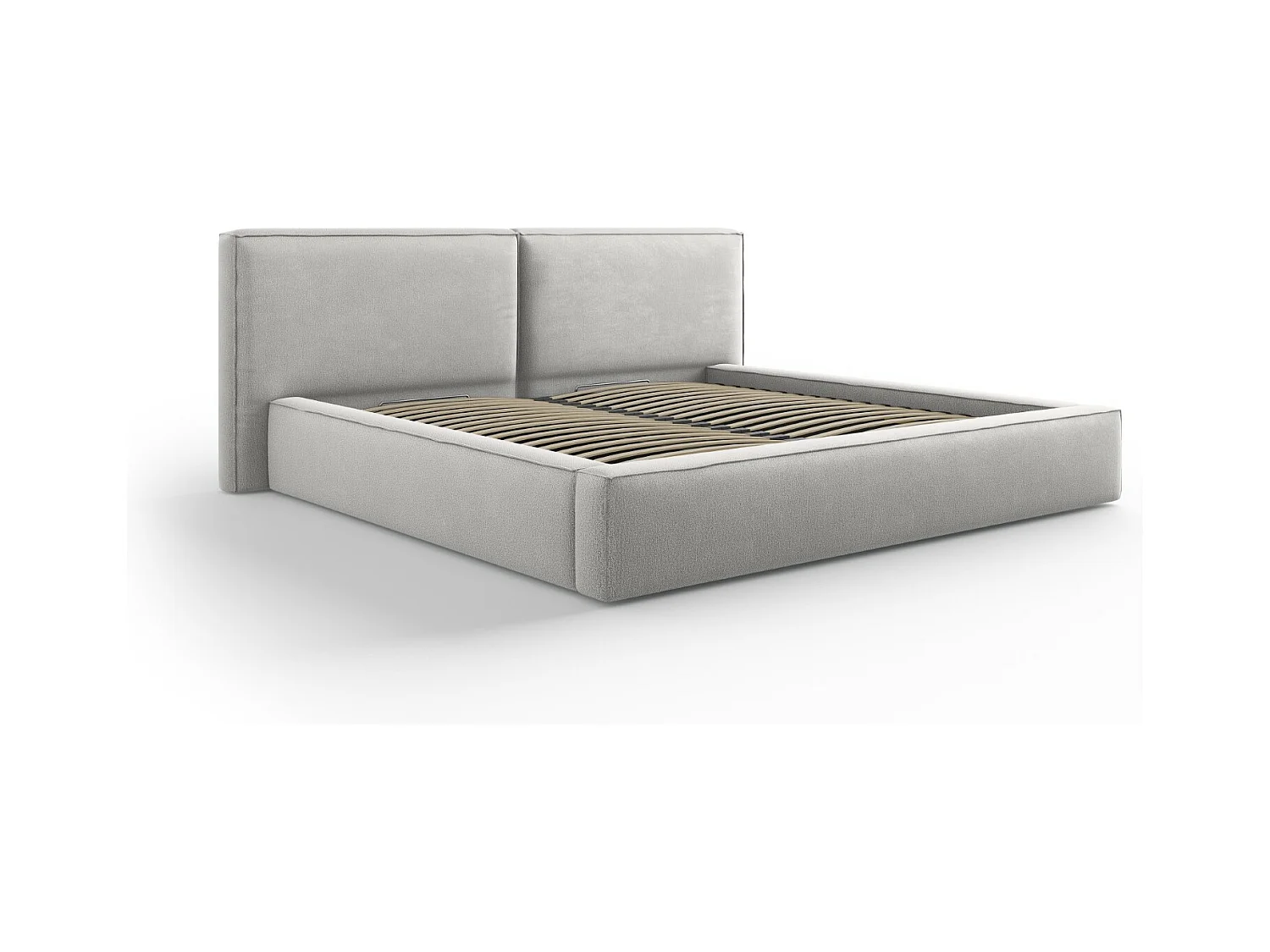 Cosmopolitan Design - Lit coffre avec tête de lit double "Arendal" 200x200cm en tissu structurel gris clair - 228x254x97.5cm