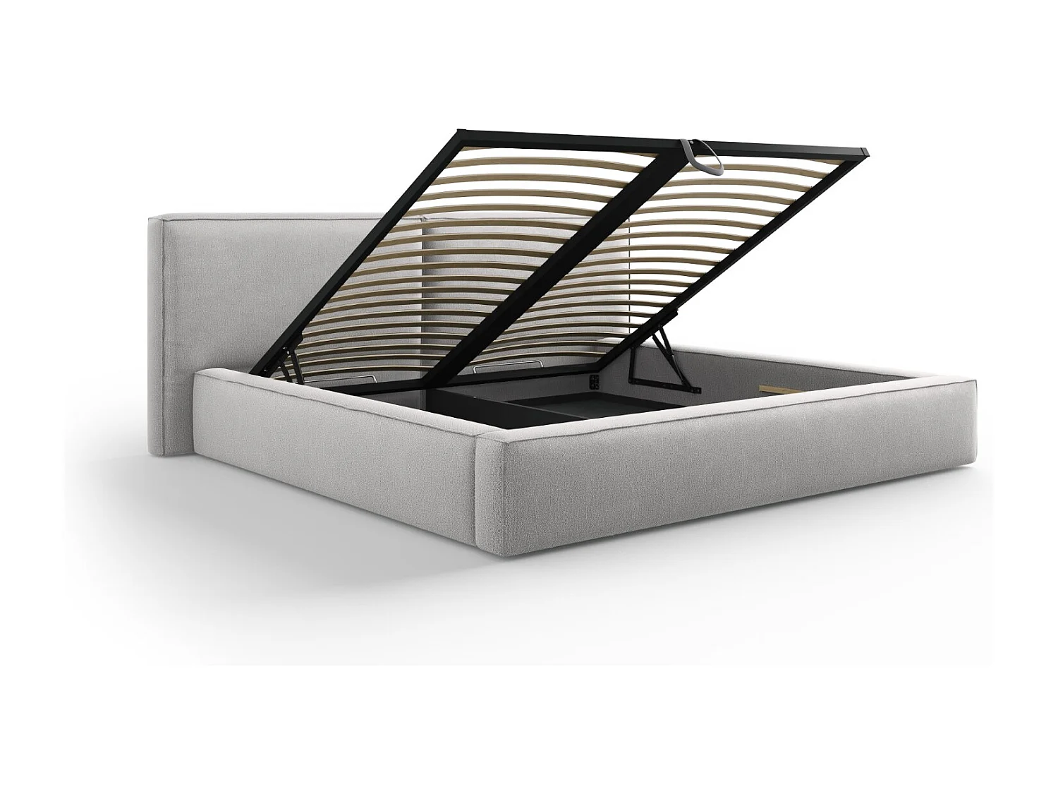 Cosmopolitan Design - Lit coffre avec tête de lit double "Arendal" 200x200cm en tissu structurel gris clair - 228x254x97.5cm