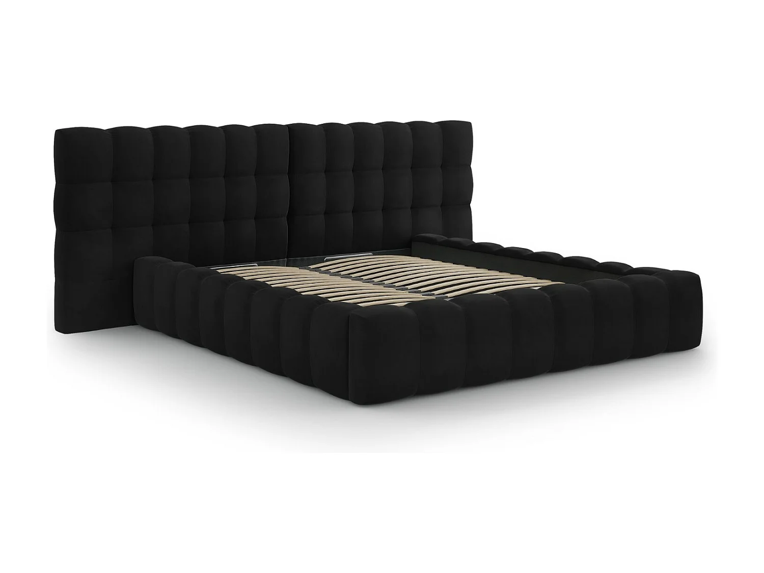 Cosmopolitan Design - Cama con cabecero doble y baúl "Bali" 200x200cm de terciopelo negro - 230x350x100cm