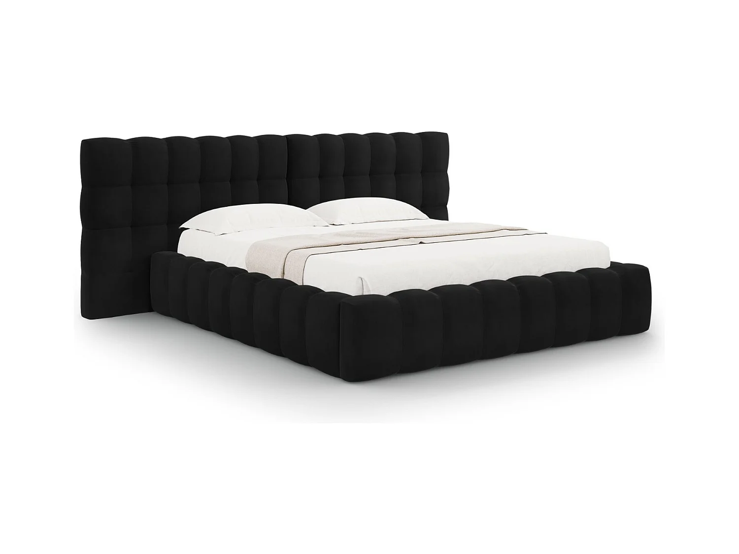 Cosmopolitan Design - Lit coffre avec tête de lit double "Bali" 200x200cm en velours noir - 230x350x100cm
