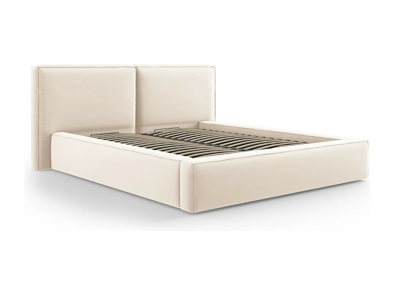 Cosmopolitan Design - Opbergbed met dubbel hoofdbord "Arendal" 200x200cm, Flueel, Lichtbeige - 228x251x97.5cm