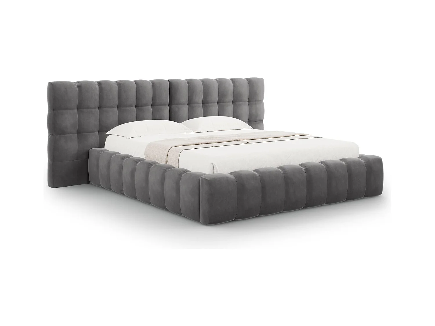 Cosmopolitan Design - Cama con cabecero doble y baúl "Bali" 200x200cm de terciopelo gris - 230x350x100cm