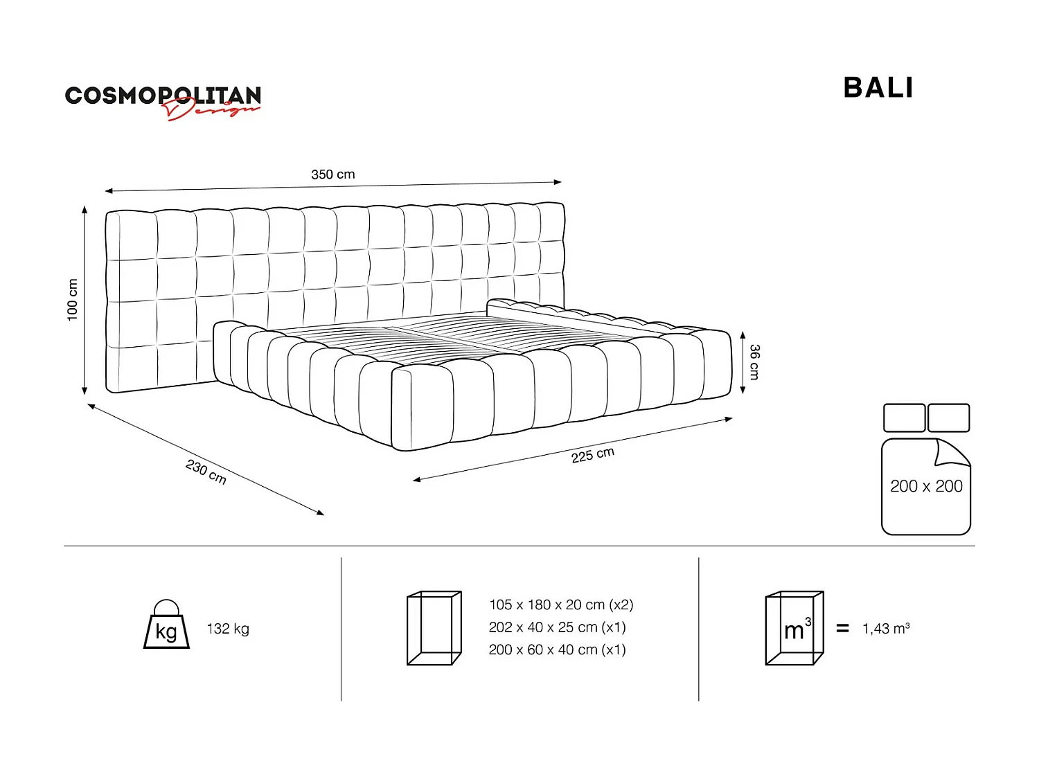 Cosmopolitan Design - Lit coffre avec tête de lit double "Bali" 200x200cm en velours gris - 230x350x100cm