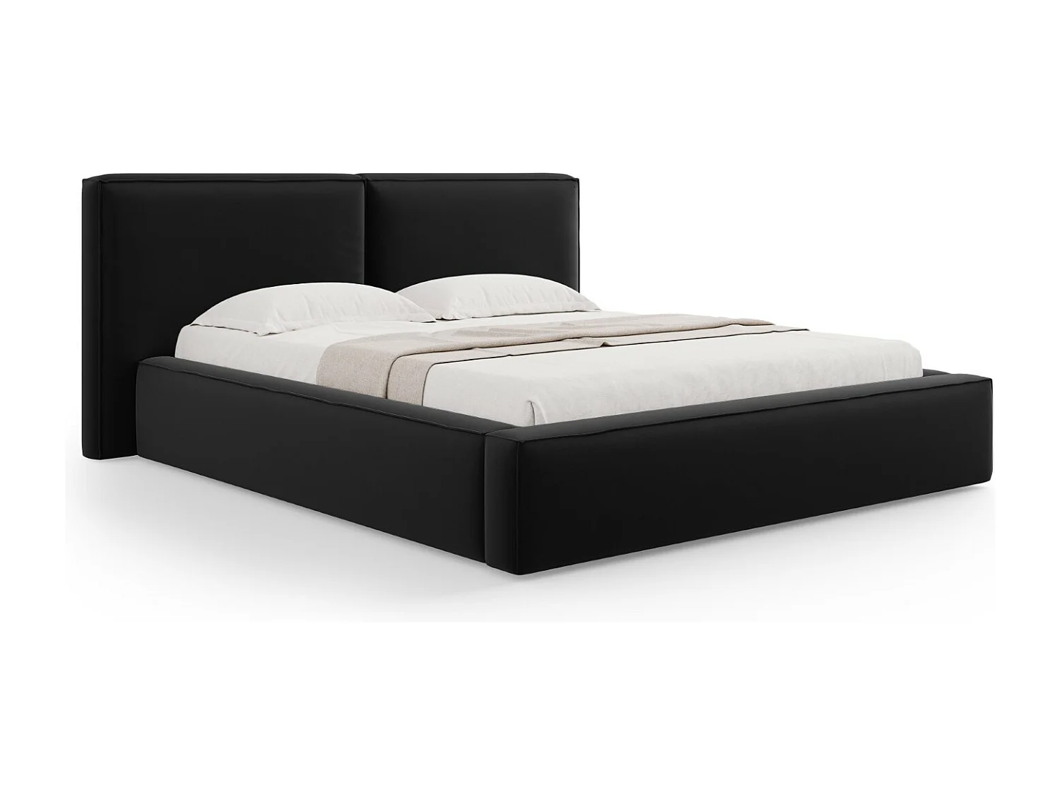 Cosmopolitan Design - Letto a cassettone con testiera doppia "Arendal" 180x200cm in velluto nero - 228x234x97.5cm