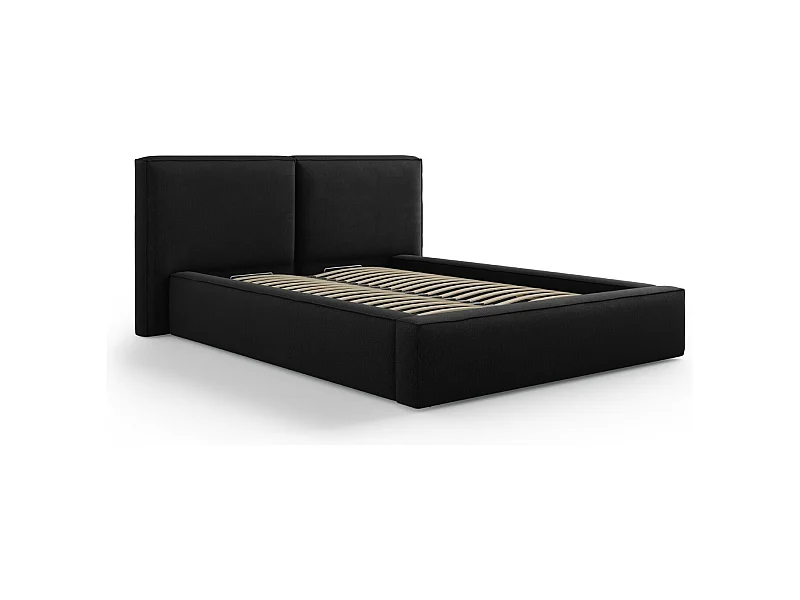 Cosmopolitan Design - Bett mit Bettkasten und Doppelkopfteil "Arendal" 140x200cm aus strukturiertem Stoff schwarz - 228x194x97.5cm