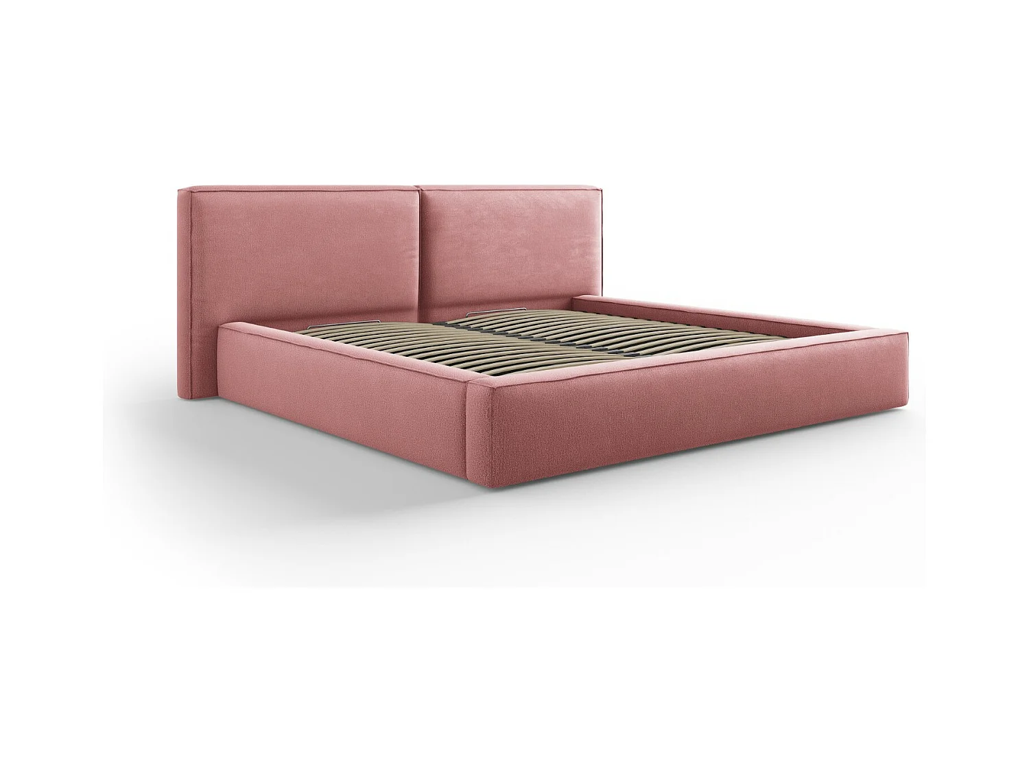 Cosmopolitan Design - Cama con cabecero doble y baúl "Arendal" 200x200cm de tejido estructural rosa - 228x254x97.5cm
