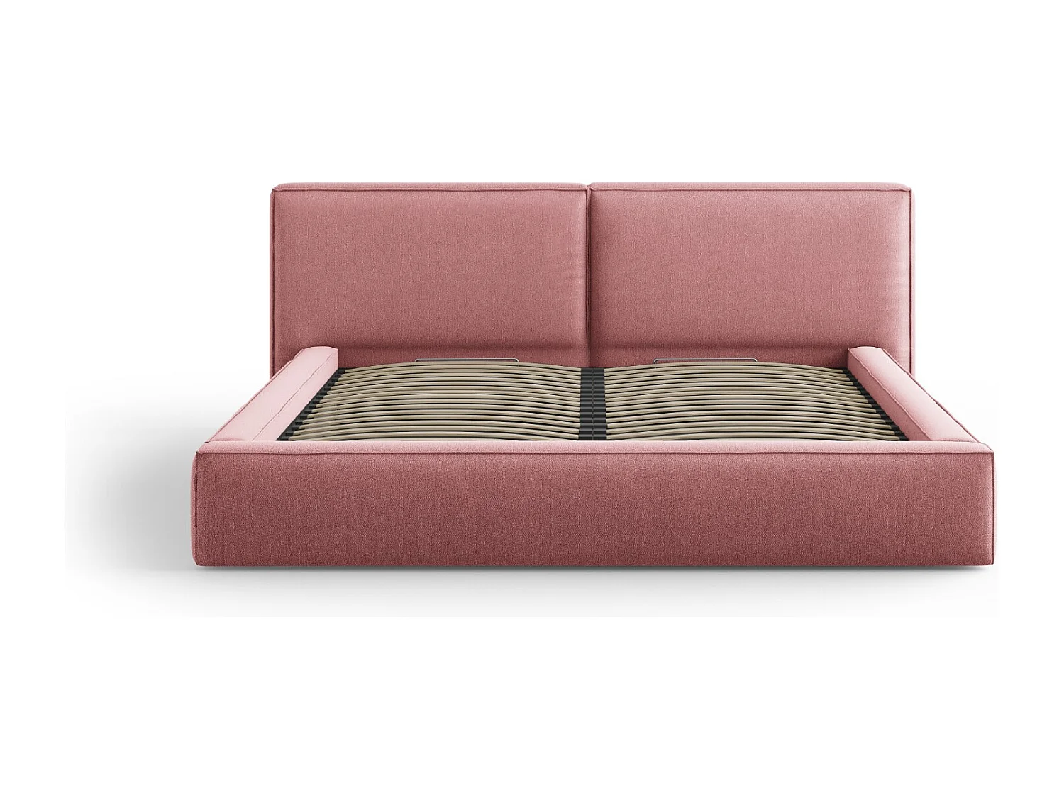 Cosmopolitan Design - Lit coffre avec tête de lit double "Arendal" 200x200cm en tissu structurel rose - 228x254x97.5cm