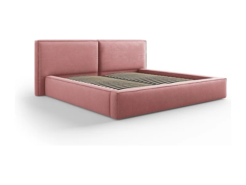 Cosmopolitan Design - Opbergbed met dubbel hoofdbord "Arendal" 200x200cm, Structurele stof, Roze - 228x254x97.5cm