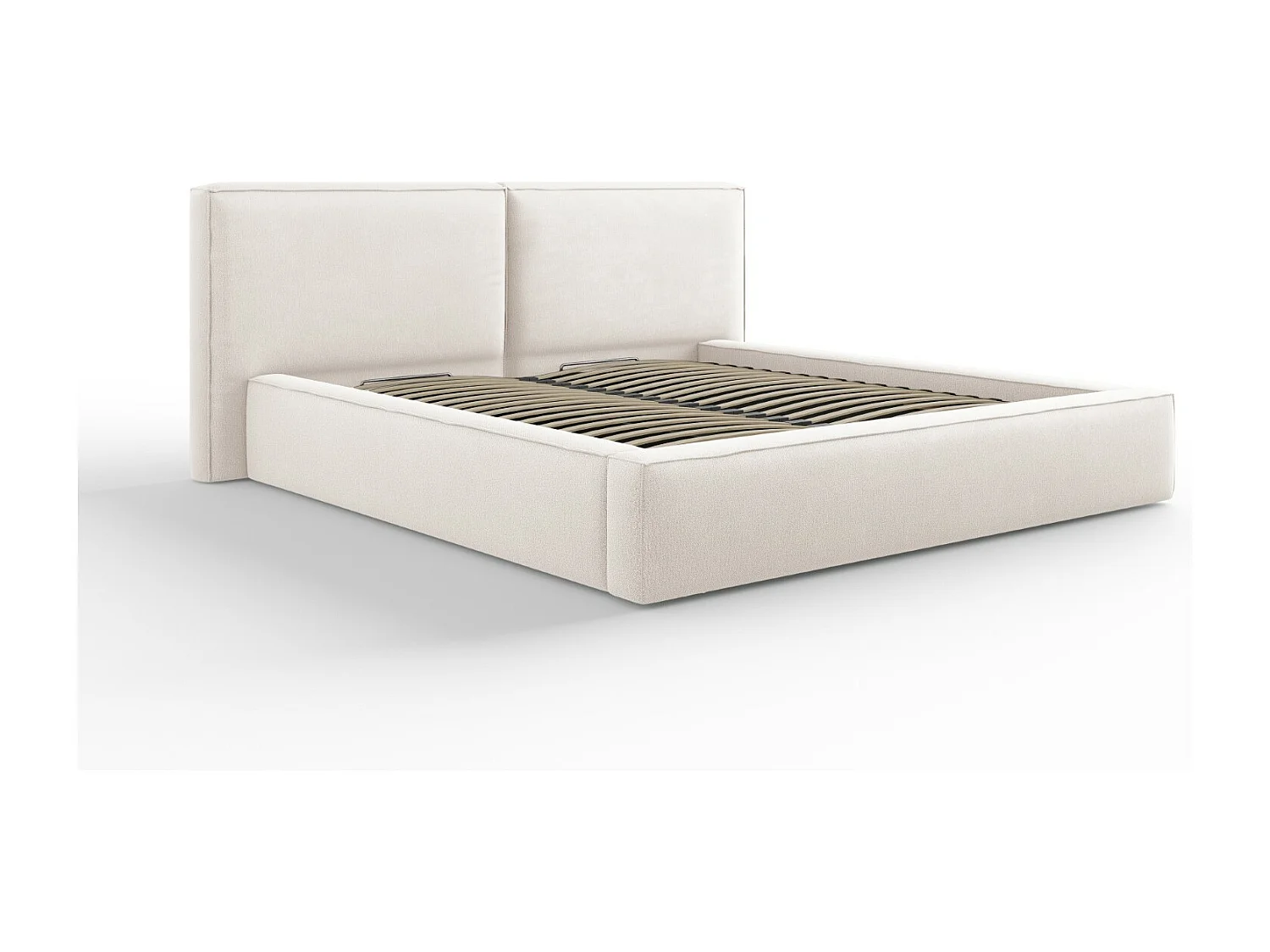 Cosmopolitan Design - Bett mit Bettkasten und Doppelkopfteil "Arendal" 180x200cm aus strukturiertem Stoff leichtes beige - 228x234x97.5cm