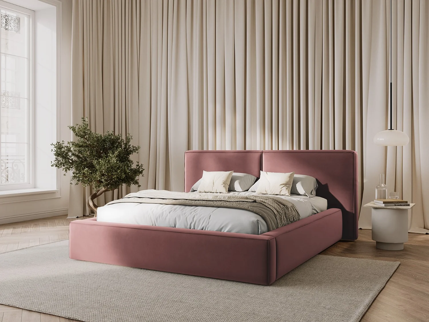 Cosmopolitan Design - Opbergbed met dubbel hoofdbord "Arendal" 200x200cm, Flueel, Roze - 228x251x97.5cm