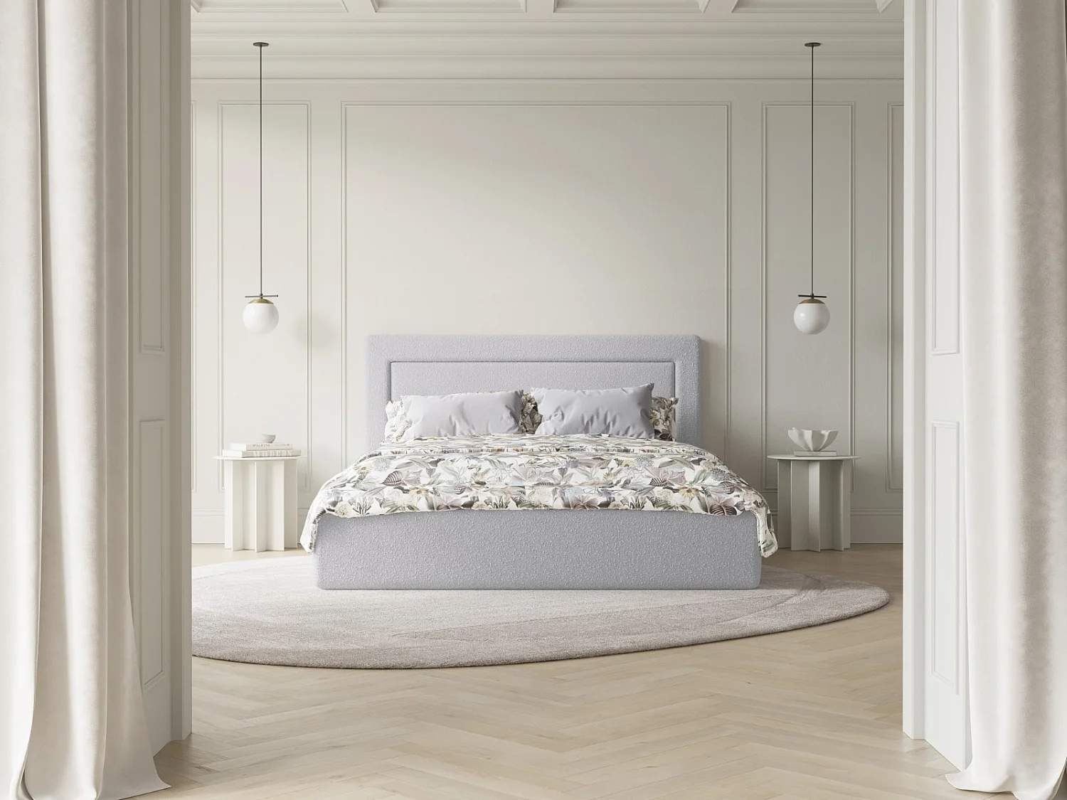 CXL by Christian Lacroix - Opbergbed met hoofdeinde "Valerie" 140x200cm, Boucle, Lichtgrijs - 230x165x120cm