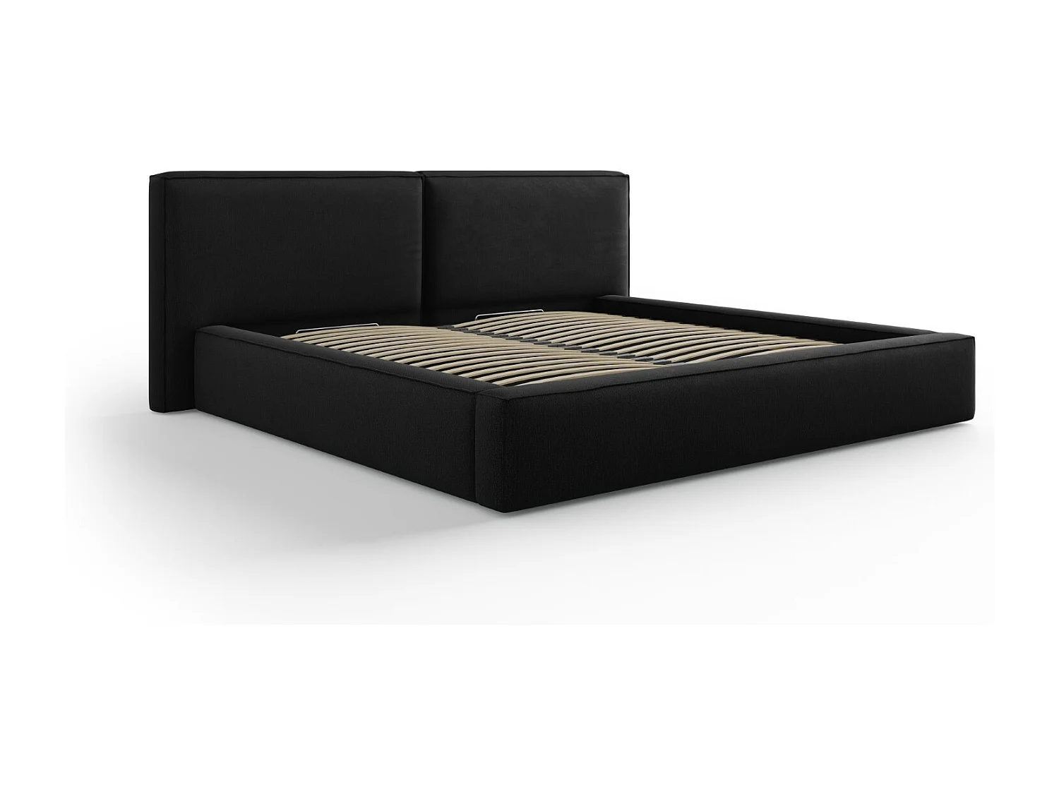 Cosmopolitan Design - Cama con cabecero doble y baúl "Arendal" 200x200cm de tejido estructural negro - 228x254x97.5cm