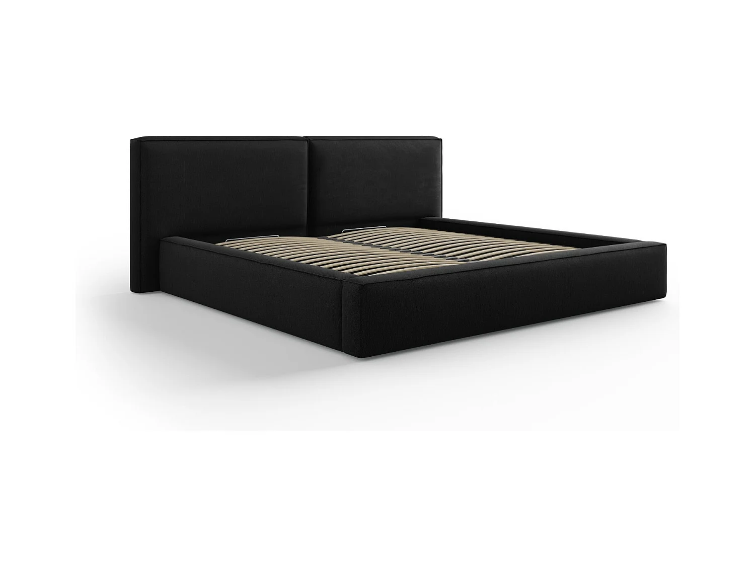 Cosmopolitan Design - Lit coffre avec tête de lit double "Arendal" 200x200cm en tissu structurel noir - 228x254x97.5cm