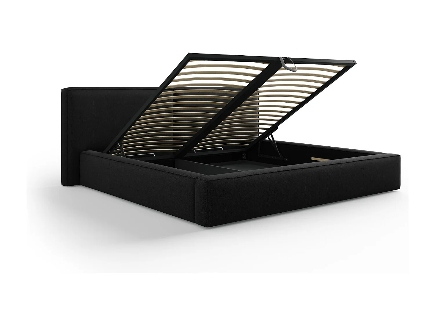 Cosmopolitan Design - Lit coffre avec tête de lit double "Arendal" 200x200cm en tissu structurel noir - 228x254x97.5cm