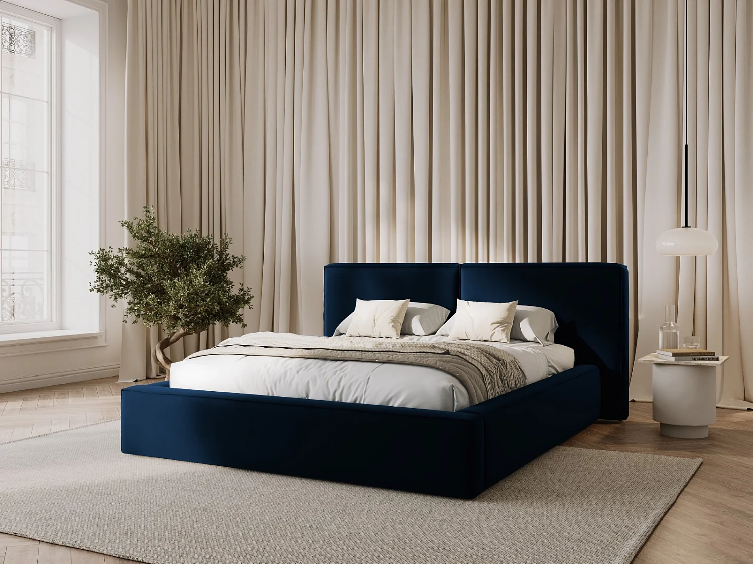 Cosmopolitan Design - Lit coffre avec tête de lit double "Arendal" 160x200cm en velours bleu roi - 228x214x97.5cm