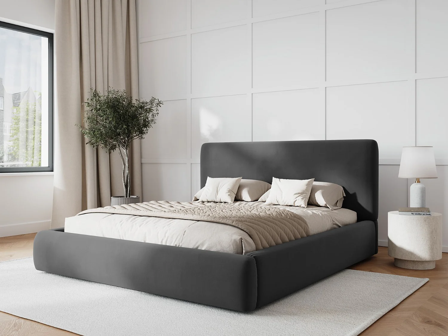 Cosmopolitan Design - Lit coffre avec tête de lit "Colonel" 200x200cm en velours gris foncé - 220x220x100cm