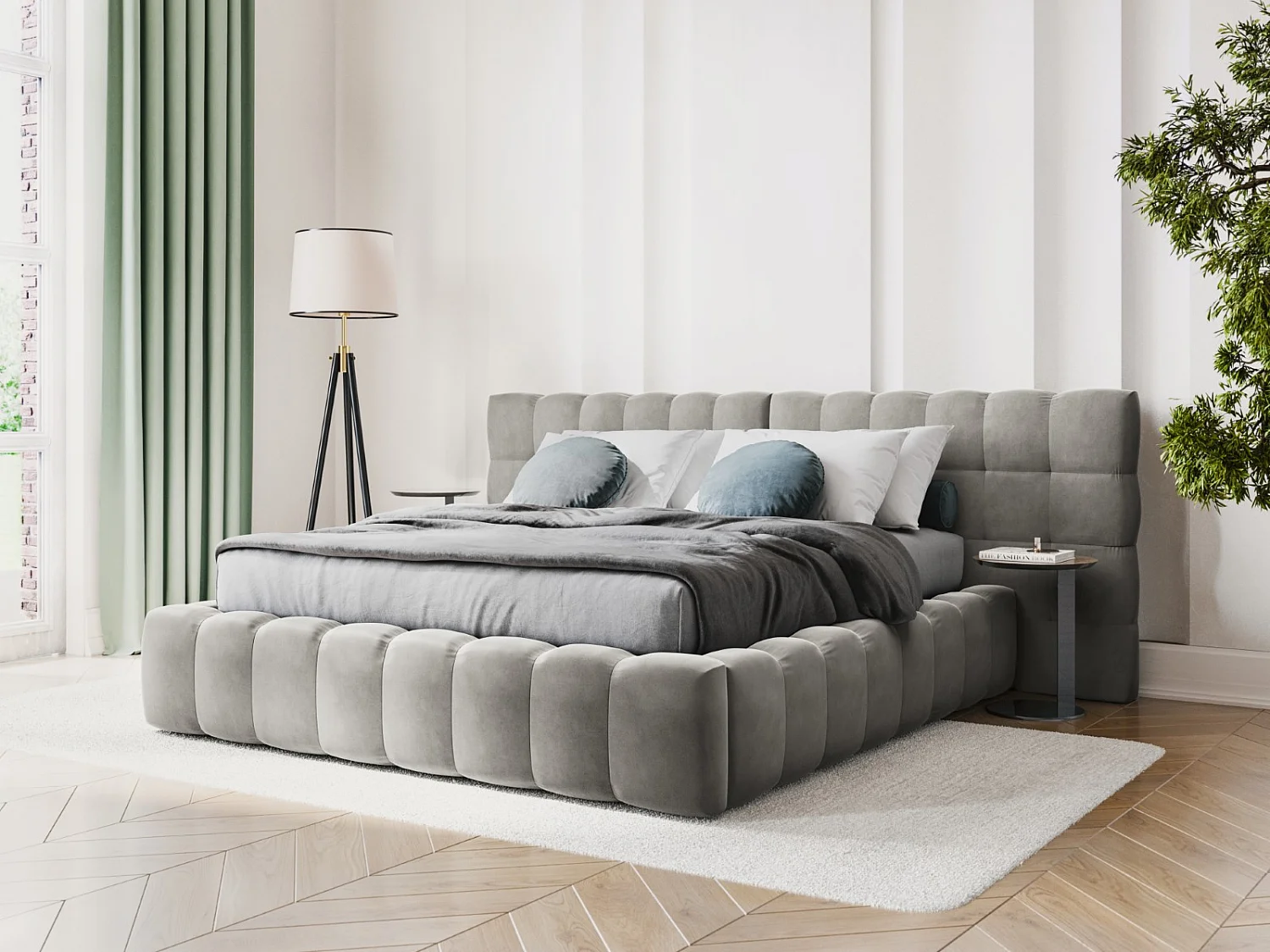 Cosmopolitan Design - Cama con cabecero doble y baúl "Bali" 180x200cm de terciopelo gris claro - 230x300x100cm