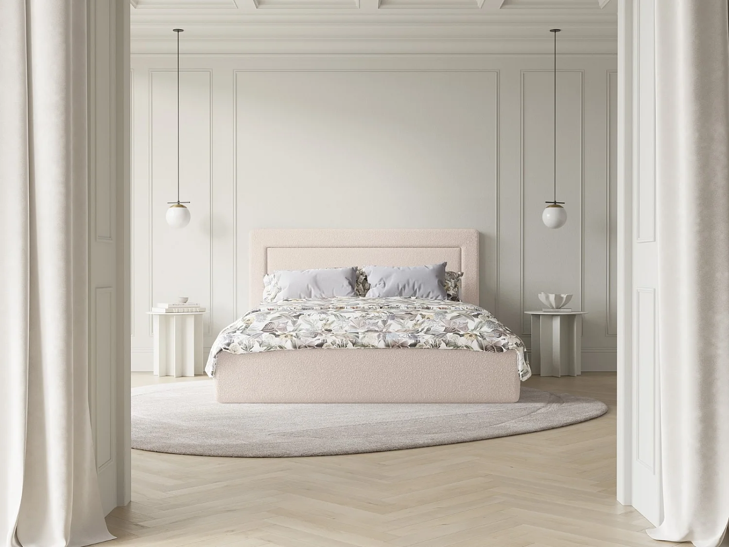 CXL by Christian Lacroix - Lit coffre avec tête de lit "Valerie" 140x200cm en bouclé beige - 230x165x120cm