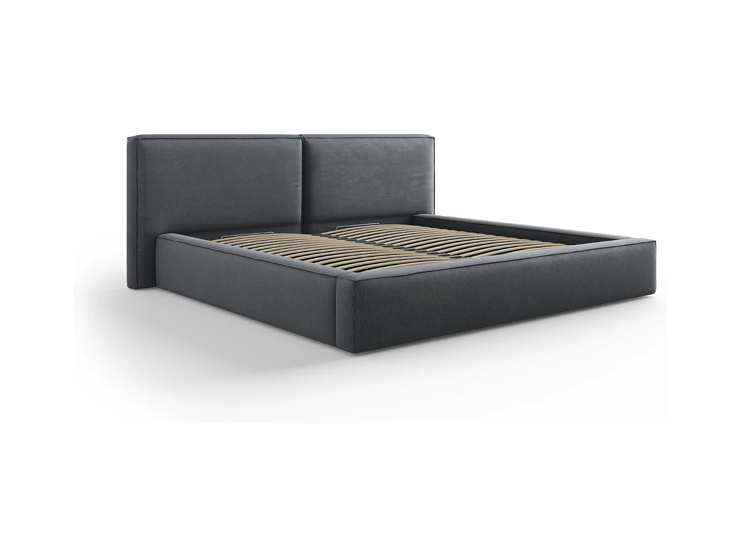 Cosmopolitan Design - Lit coffre avec tête de lit double "Arendal" 200x200cm en tissu structurel gris foncé - 228x254x97.5cm