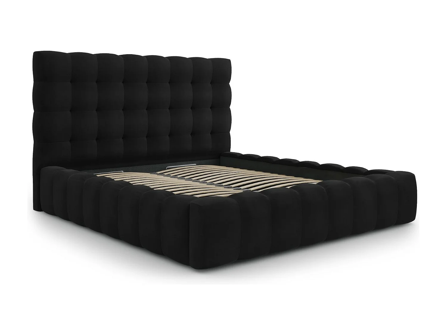 Cosmopolitan Design - Cama con cabecero y baúl "Bali" 160x200cm de terciopelo negro - 230x185x125cm