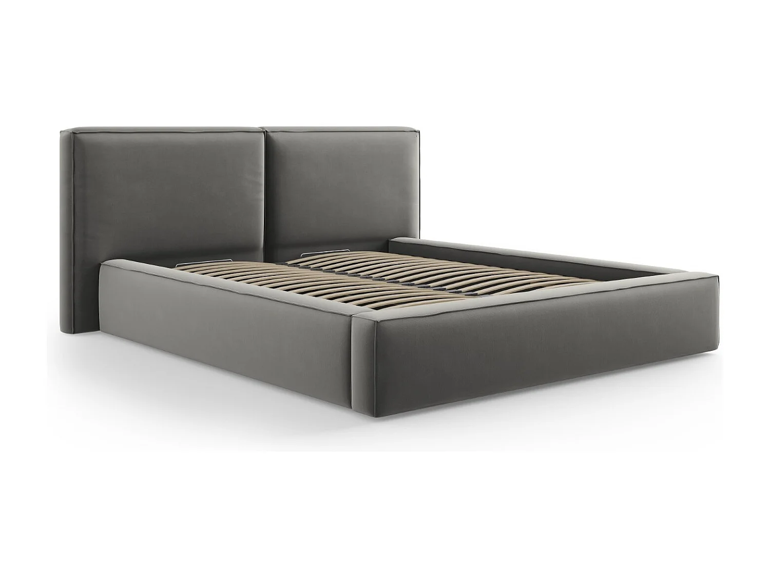 Cosmopolitan Design - Letto a cassettone con testiera doppia "Arendal" 180x200cm in velluto grigio chiaro - 228x234x97.5cm