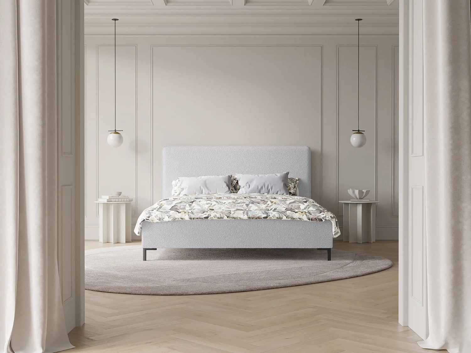 CXL by Christian Lacroix - Cama con cabecero y baúl "Polly" 180x200cm de tejido bouclé gris claro - 220x190x120cm