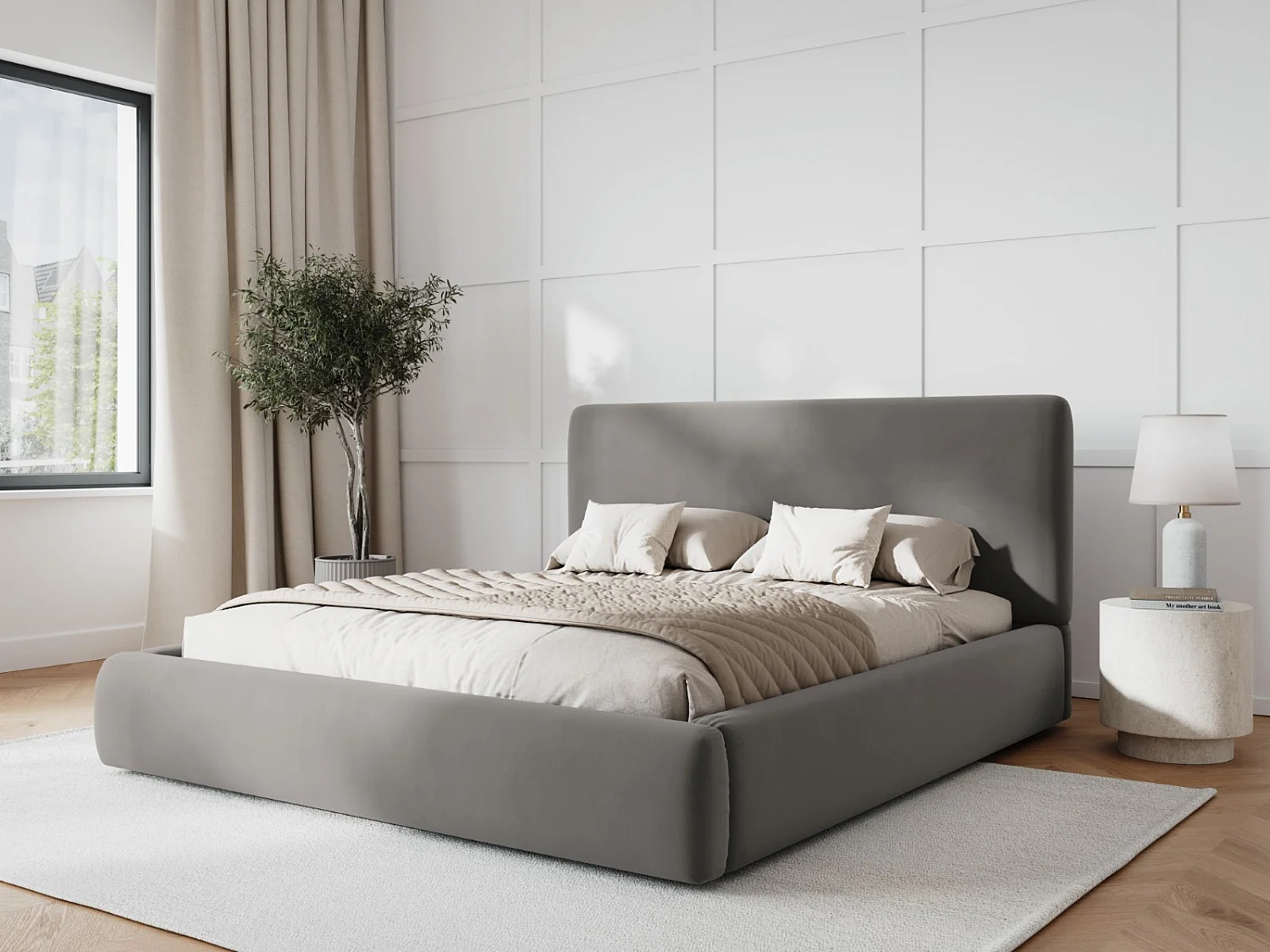 Cosmopolitan Design - Opbergbed met hoofdeinde "Colonel" 180x200cm, Flueel, Lichtgrijs - 220x200x100cm