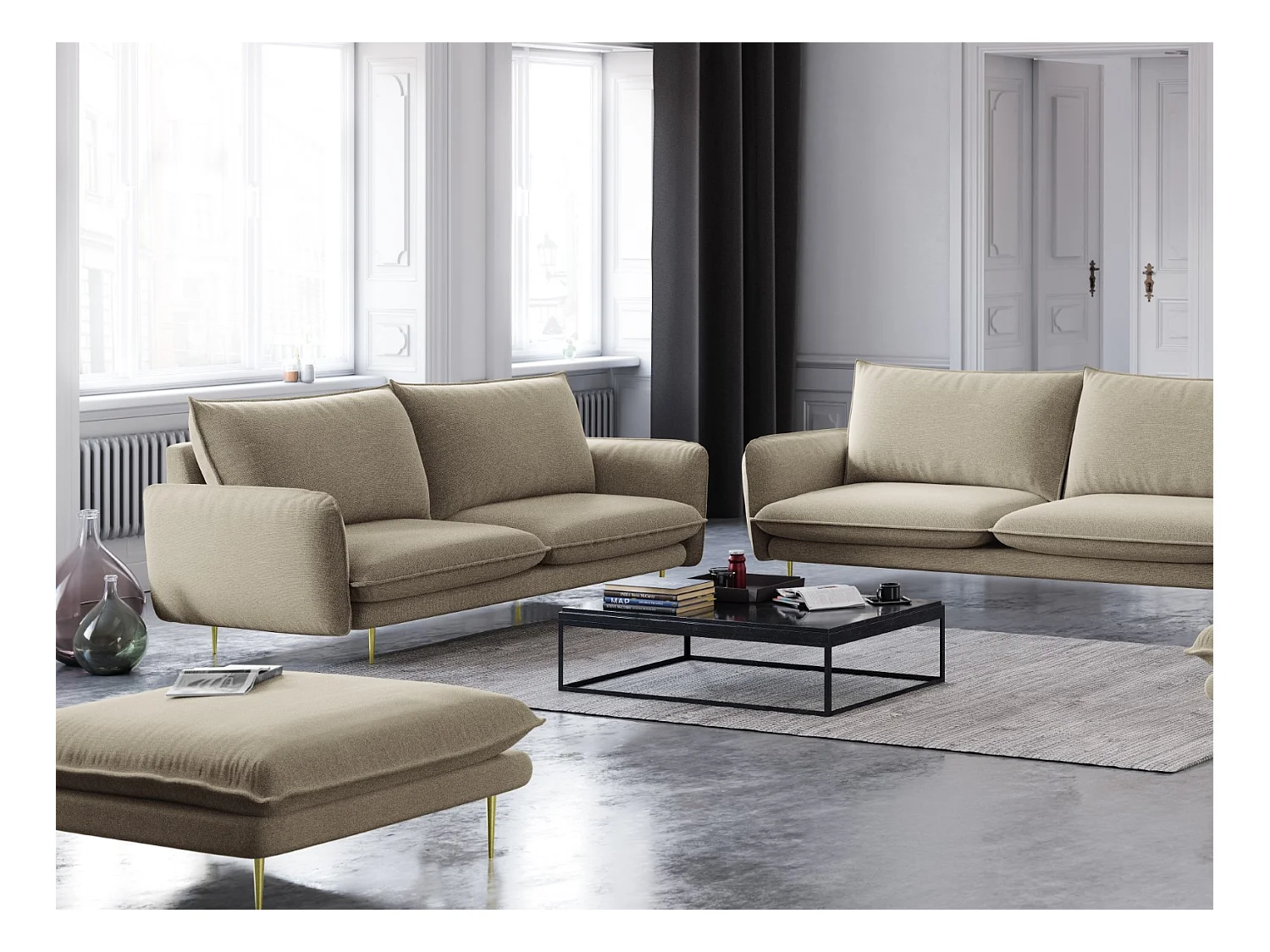 Cosmopolitan Design - Pouf "Vienna" en tissu structurel beige - 100x80x43cm