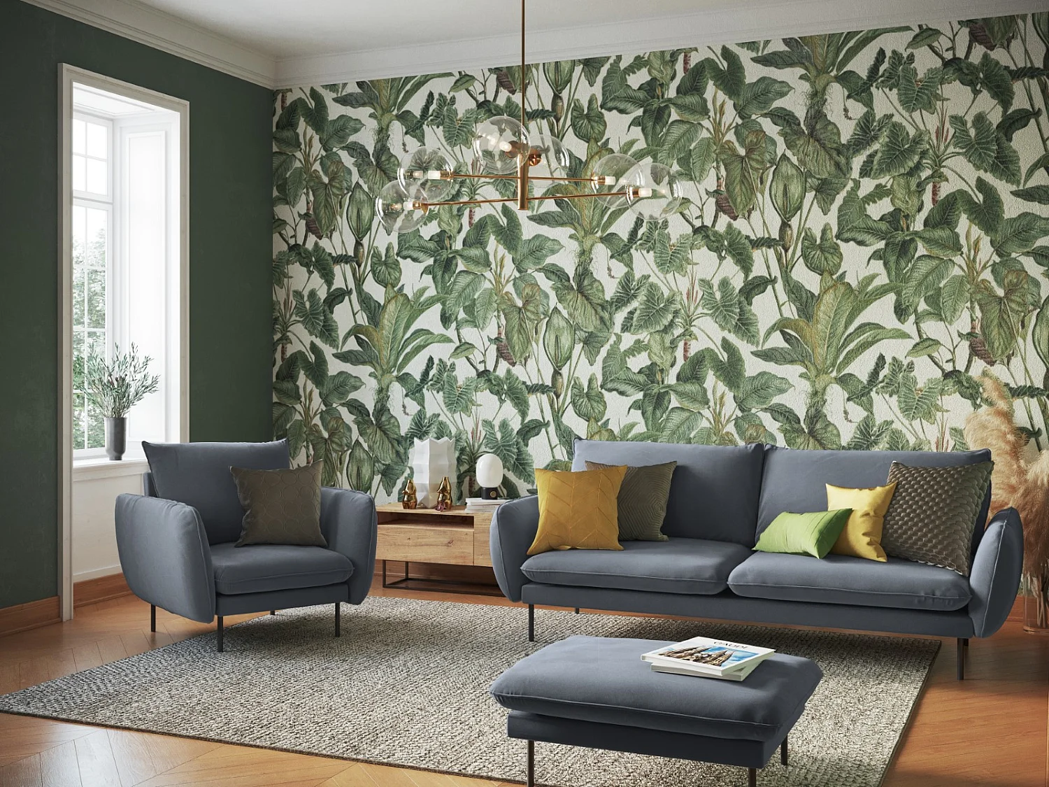 Cosmopolitan Design - Pouf "Vienna" in velluto blu grigio - 100x80x43cm