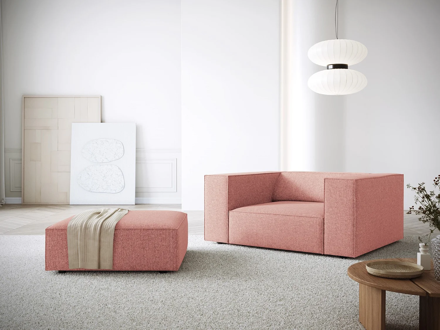 Cosmopolitan Design - Pufe "Arendal" em tecido chenille rosa - 102x80x40cm