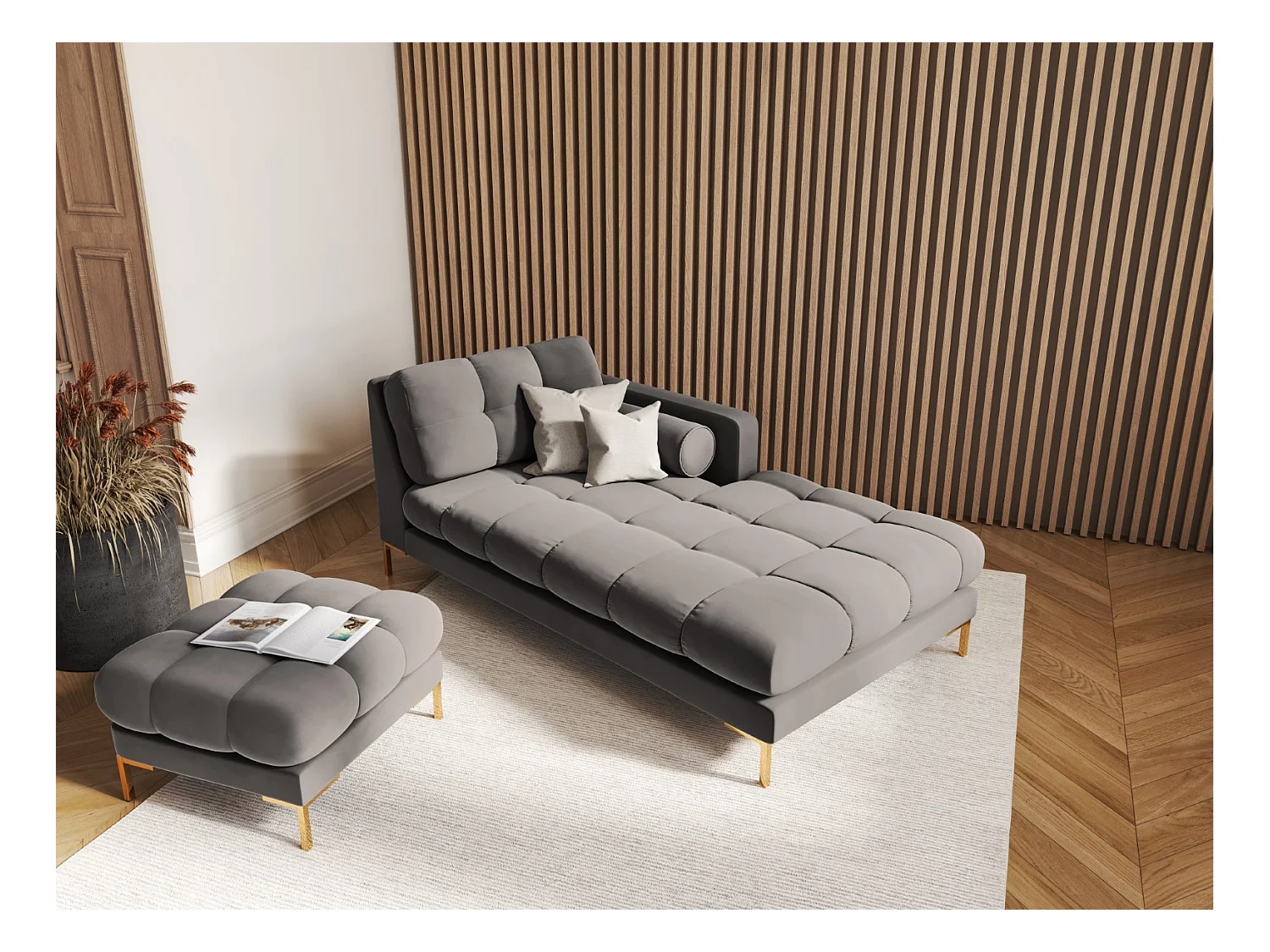 Cosmopolitan Design - Poef "Bali" Flueel, Lichtgrijs - 60x60x41cm