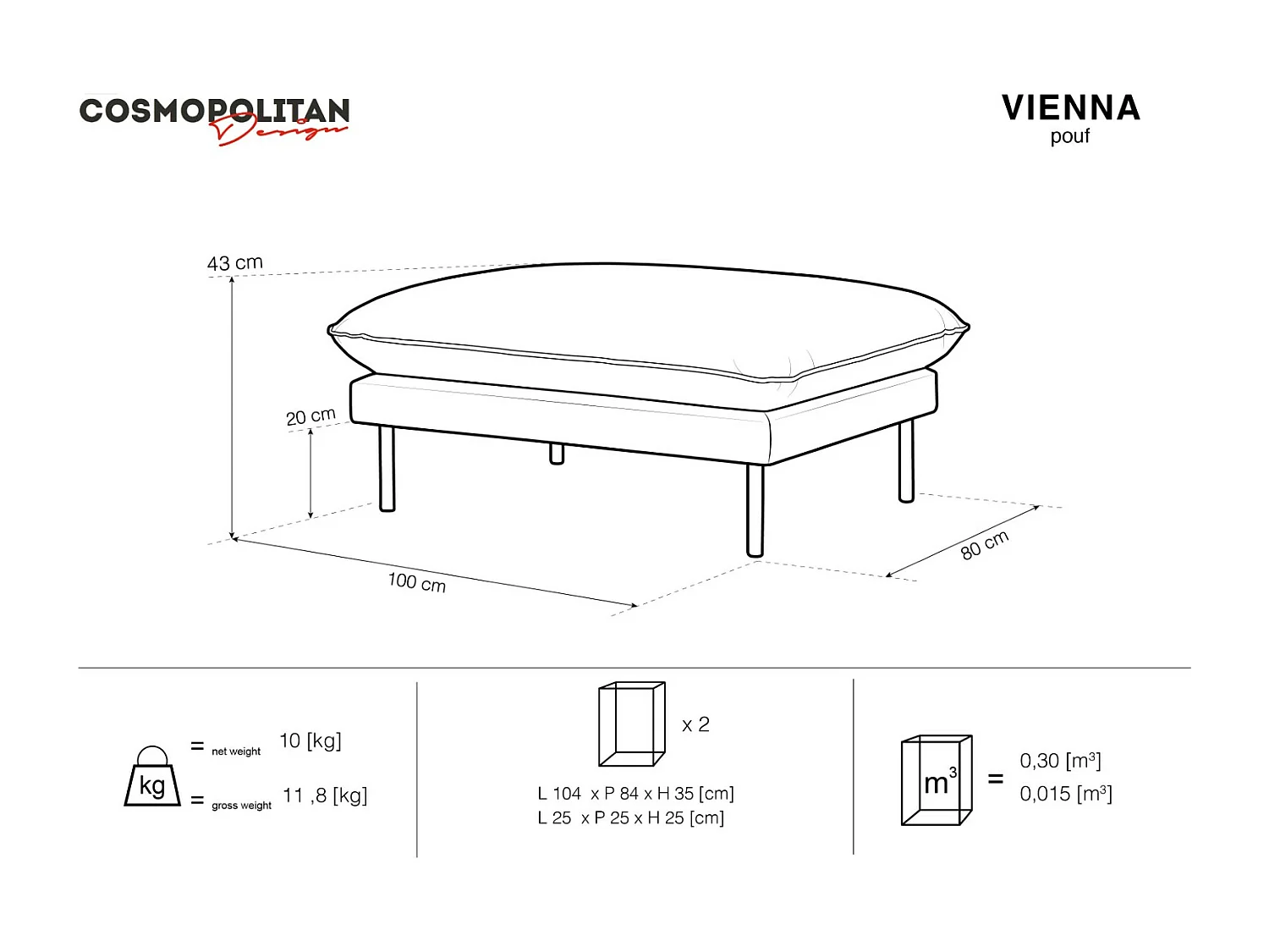Cosmopolitan Design - Pouf "Vienna" en bouclé beige - 100x80x43cm